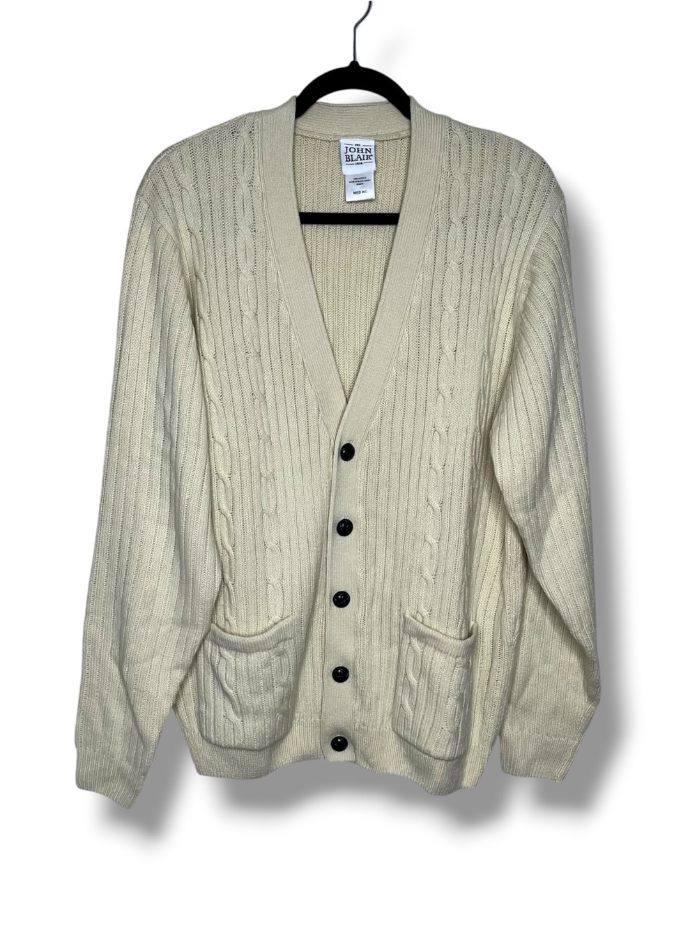 John Blair Retro Cardigan Sweater Cable Knit Button Front Cream Beige Medium